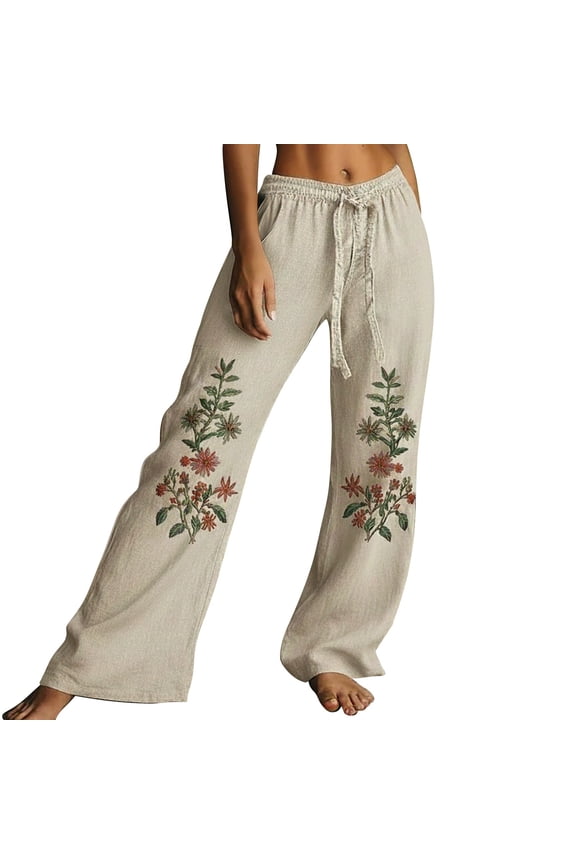 Womens Summer Boho Floral Print Linen Pants，Beach Comfy Palazzo Trouser High Waist Linen Vintage Ethnic Trousers Casual Floral Printed Wide Leg Pants Baggy Casual Loose Pants，Blue L