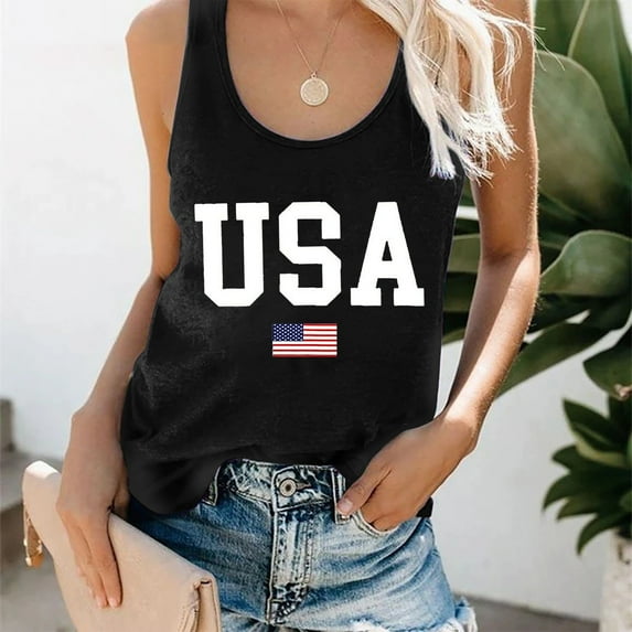 GZWYHT Womens Tank Tops,Going Out Tops,Women's Summer Round Neck Independence Day USA Flag Printed Sleeveless T Shirt Loose Tank Top,Crop Tops,Women's Tanks & Camis,Workout Tops,Sexy Tops