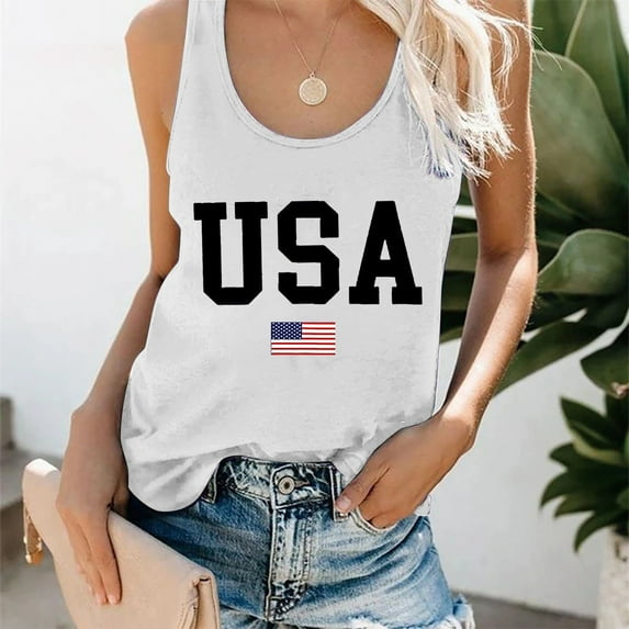 GZWYHT Womens Tank Tops,Going Out Tops,Women's Summer Round Neck Independence Day USA Flag Printed Sleeveless T Shirt Loose Tank Top,Crop Tops,Women's Tanks & Camis,Workout Tops,Sexy Tops