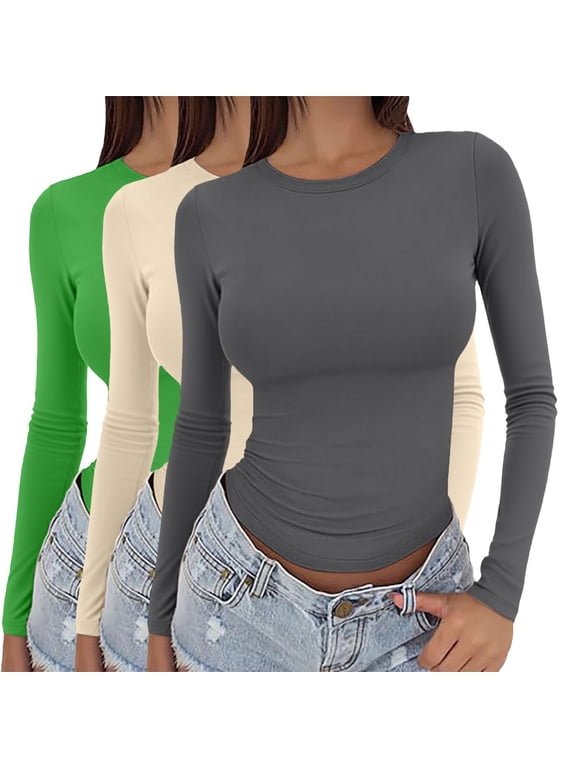 Womens Tight Fitting Long Sleeves 3pc Basic Tees for Women Ladies Long Sleeve Tops Long Sleeve Going Out Tops for Women Trendy Womens Clothes Fitted Long Sleeve Multicolor XL