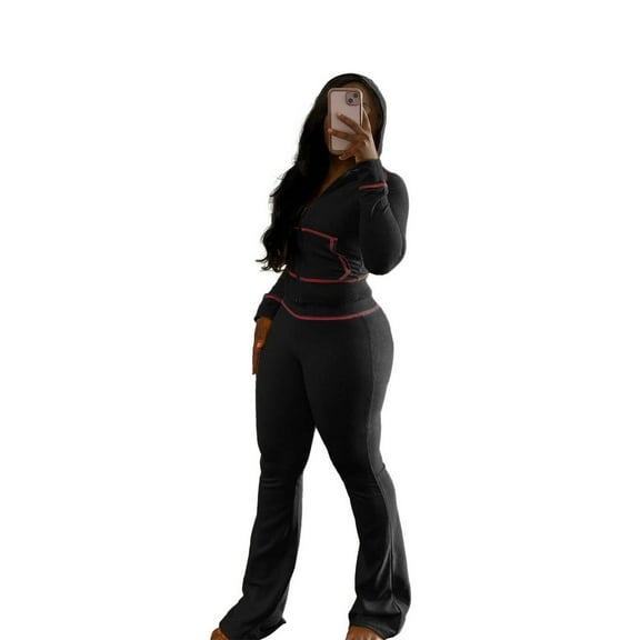 GZWYHT Workout Sets for Women Two Piece Sets for Women Women's 2 Piece Outfits Fall Zipper Hoodie Jacket And Flared Leggings Workout Sets Lounge Sets for Women Two Piece Sets for Women Summer Black L