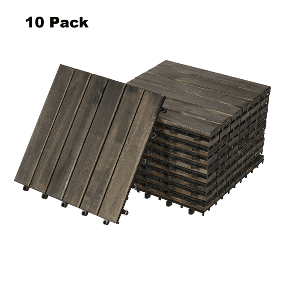 GZXS 10-Pack Acacia Hardwood Interlocking Deck Tiles, 12 Inch Square Water-Resistant Outdoor Flooring for Patio, Balcony, Porch, Pool Deck - Easy to Assemble - Dark Brown