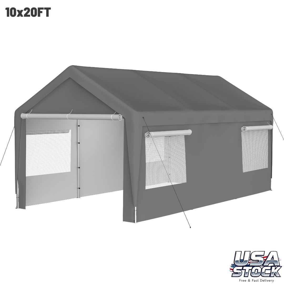 GZXS 10ft x 20ft Heavy Duty Canopy Tent with Roll-up Ventilated Windows, Garage Carport with Steel Frame, Removable Sidewall & Door, Gray