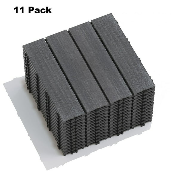 GZXS 11.8"x11.8" WPC Patio Floor Tiles, 11-Pack Interlocking Decking Tiles, Weatherproof Wood-Plastic Composite Tiles for Garden, Poolside, Balcony – Covers 10.6 Sq. Ft. (Dark Gray)