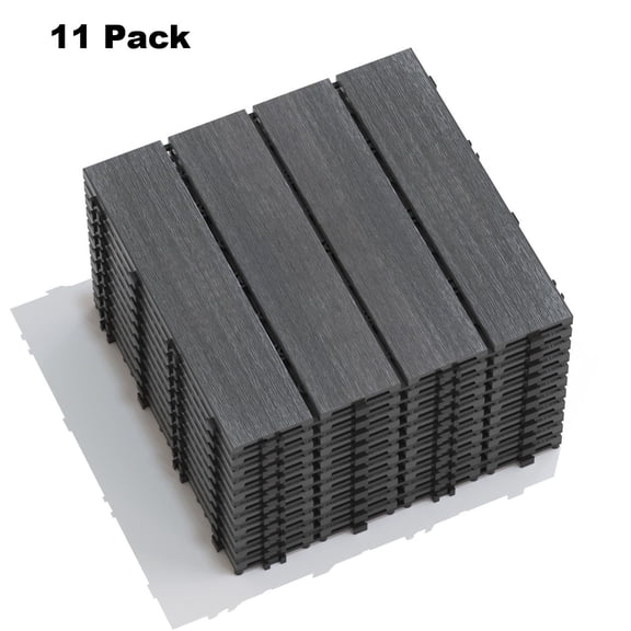 GZXS 11.8"x11.8" WPC Patio Floor Tiles, 11-Pack Interlocking Decking Tiles, Weatherproof Wood-Plastic Composite Tiles for Garden, Poolside, Balcony – Covers 10.6 Sq. Ft. (Dark Gray)