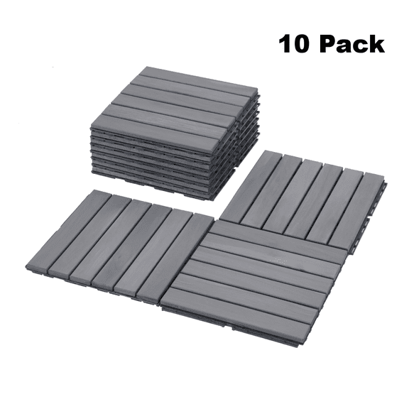 GZXS 12" Acacia Wood Interlocking Deck Tiles Set of 10, Outdoor Patio Flooring, Waterproof Hardwood Tiles for Balcony, Poolside, Garden – Tool-Free Easy Snap Installation (Gray, 10 Pack)
