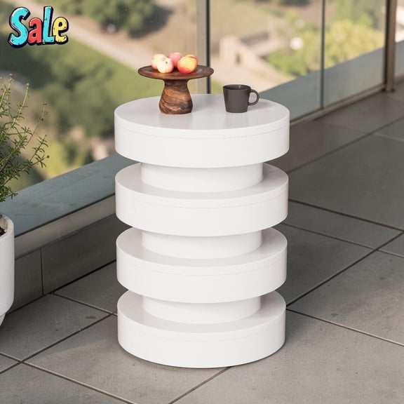 GZXS 14.2" Round Sculptural Side Table, Indoor Outdoor End Table with Stacked Layer Design, Modern Accent Table for Living Room/Entryway/Patio/Balcony, No Assembly, White