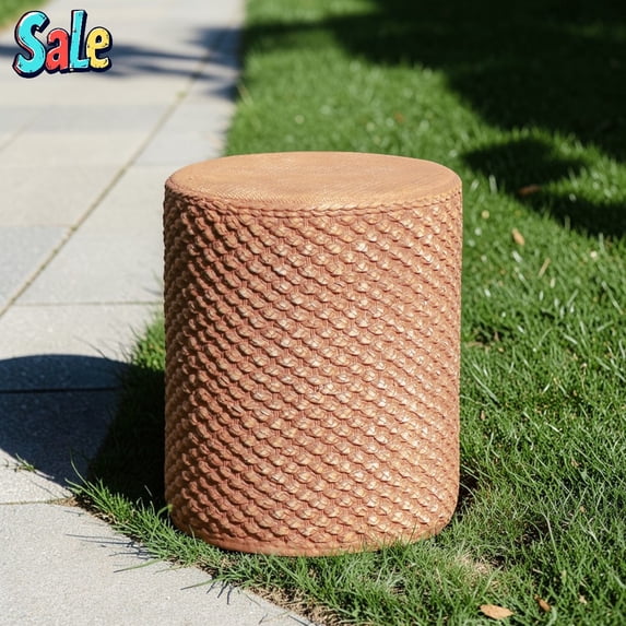 GZXS 14.5" Dia Cylinder Side Table in Aged Brown Finish, Rustic Farmhouse No-Assembly End Table w/ Woven Rattan Texture, for Patio/Garden/Living Room
