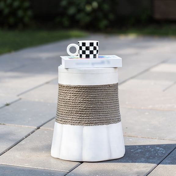 GZXS 14 Inch Retro End Table with Woven Rope Accent and Fan-Shaped Base, for Couch Side/Balcony/Garden, Light Gray+Brown