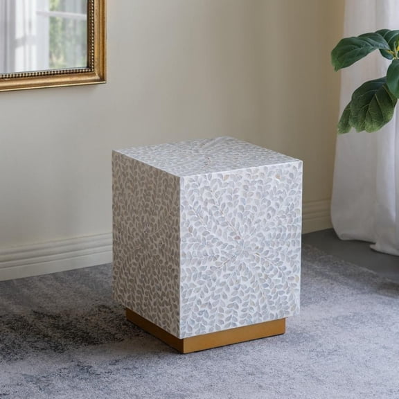 GZXS 14 Inch Square Accent Stool with Gold Pedestal Base - Modern Decorative Side Table or Display Plant Stand for Living Room or Entryway (White Capiz Shell Finish)