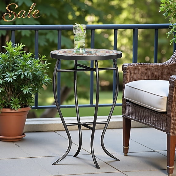 GZXS 14" Round Outdoor Accent Table with Tile Mosaic Top and Black Metal Frame, Transitional Small End Table or Plant Stand for Patio/Backyard/Living Room