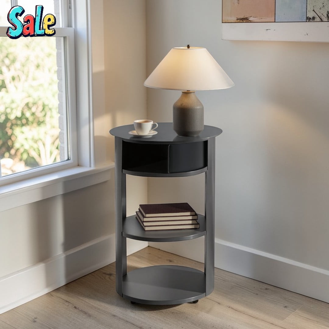 GZXS 15.35" Round Metal End Table, 3-Tier Side Table with Closed & Open ...