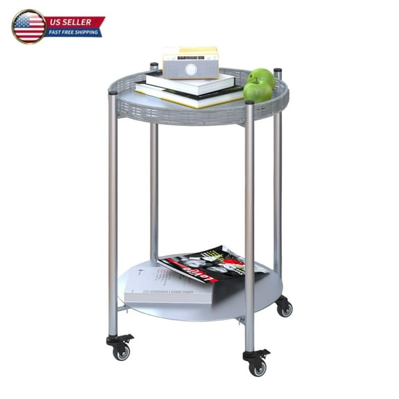 GZXS 15.75" Round End Table on Wheels, 2-Tier Metal Side Table with Lockable Casters, Rolling Bedside End Desk for Living Room and Bedroom - Silver Gray