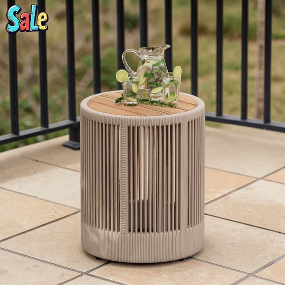 GZXS 15" Round Accent Side Table with Acacia Wood Top, Iron Frame & Beige Rope Detail, Modern Rustic End Table for Living Room/Balcony/Patio/Porch