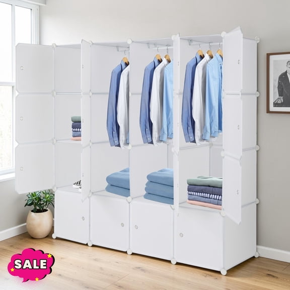 GZXS 16 Cube Storage Organizer, Closet Storage Shelves with Hanging Rods, DIY Plastic Modular Bookcase, Shelving with Doors for Bedroom, Living Room, White