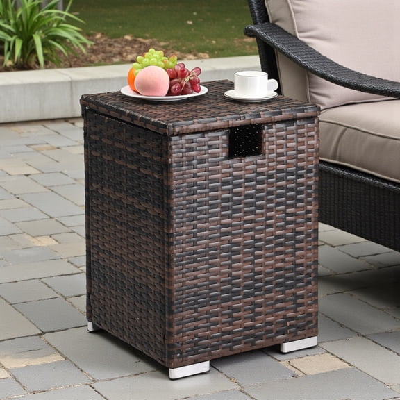 GZXS 16-inch Elegant 20LP Propane Tank Cover Patio Table Storage Box Hideaway End Table Outdoor Side Table Patio Storage Box Wicker Ratten Gas Tank Table for Fire Pit Table(Brown)