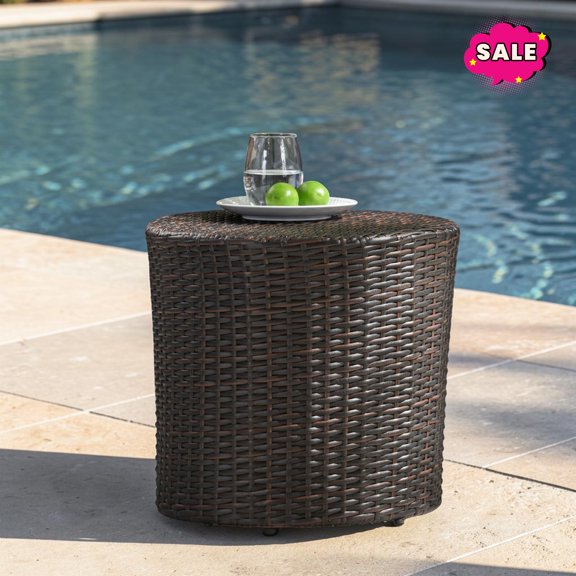 GZXS 17.5 Inch Wicker Side Table for Outdoor, Barrel End Table with Metal Frame for Patio, Garden, Porch, No Assembly Required, Brown