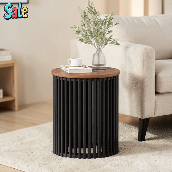 GZXS 17.5" Round Side Table, Acacia Wood Vertical Slatted End Table, Retro Cylinder Accent Table for Small Spaces/Living Room/Bedroom/Balcony (Natural+Black)