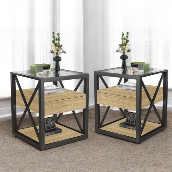 GZXS 17.72" Square Side Tables Set of 2, Modern Compact End Table w/ Tempered Glass & Metal Frame, for Bedroom & Living Room (Natural Wood)