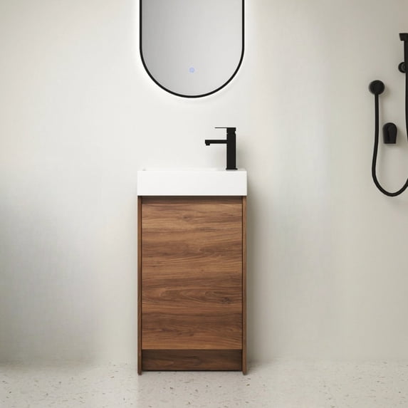 GZXS 18" Small Bathroom Vanity with Sink Combo, Freestanding Vanity, Modern Bathroom Sink Cabinet with Single Door & Invisible Handle Set for Small Space, Brown Ebony