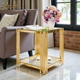 thumbnail image 1 of GZXS 19.9" Square Glass End Table with Gold Metal Frame, 2-Tier Side Table with Asymmetrical Base and Lower Shelf, Modern Accent Table for Living Room or Bedroom (Transparent), 1 of 9