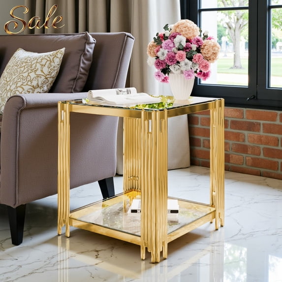 GZXS 19.9" Square Glass End Table with Gold Metal Frame, 2-Tier Side Table with Asymmetrical Base and Lower Shelf, Modern Accent Table for Living Room or Bedroom (Transparent)