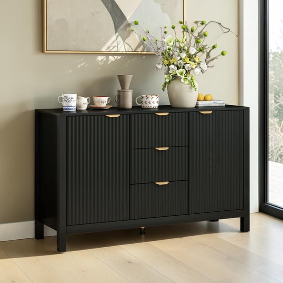 GZXS 2-Door Buffet Cabinet, Modern Storage Sideboard with 3 Drawers, Adjustable Inner Shelves, 47.2"L x 15.3"W x 28.3"H, Black