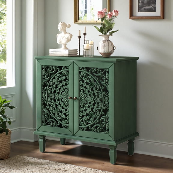 GZXS 2-Door Storage Cabinet with Adjustable Shelf, 31.5" Retro Sideboard Accent Cupboard with Solid Wood Legs, for Kitchen, Dining Room & Entryway (Antique Green)