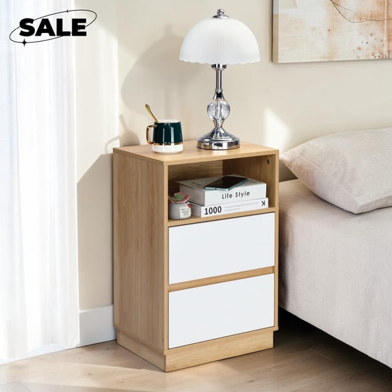GZXS 2-Drawer Night Stand, 15.7" Small Side Table with Shelf, Modern End Table for Bedroom, Living Room, Easy Assembly, White & Oak