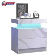 GZXS 2-Drawer Nightstand in White Marbling Finish, Spacious Modern Bedside Table with Multi-Color LED Lighting, for Small Spaces