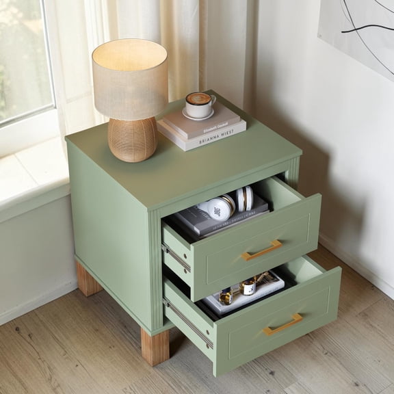 GZXS 2-Drawer Nightstand with Brushed Gold Handles & Solid Wood Legs, Accent Bedside End Table for Living Space or Bedroom Nook, Sage Green