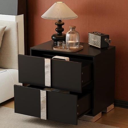GZXS 2-Drawer Nightstand with Metal Handles & Mirrored Stripe Accent, Modern Black Bedside Table for Bedroom & Living Room - 23.3"L x 15.4"W x 21.3"H