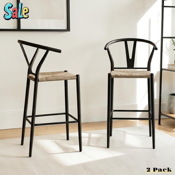 GZXS 2-Pack Bar Chairs, Modern 26" Counter Height Stools with Rope Woven Seat and Iron Frame for Kitchen Island, Dining Room or Home Café (Black)