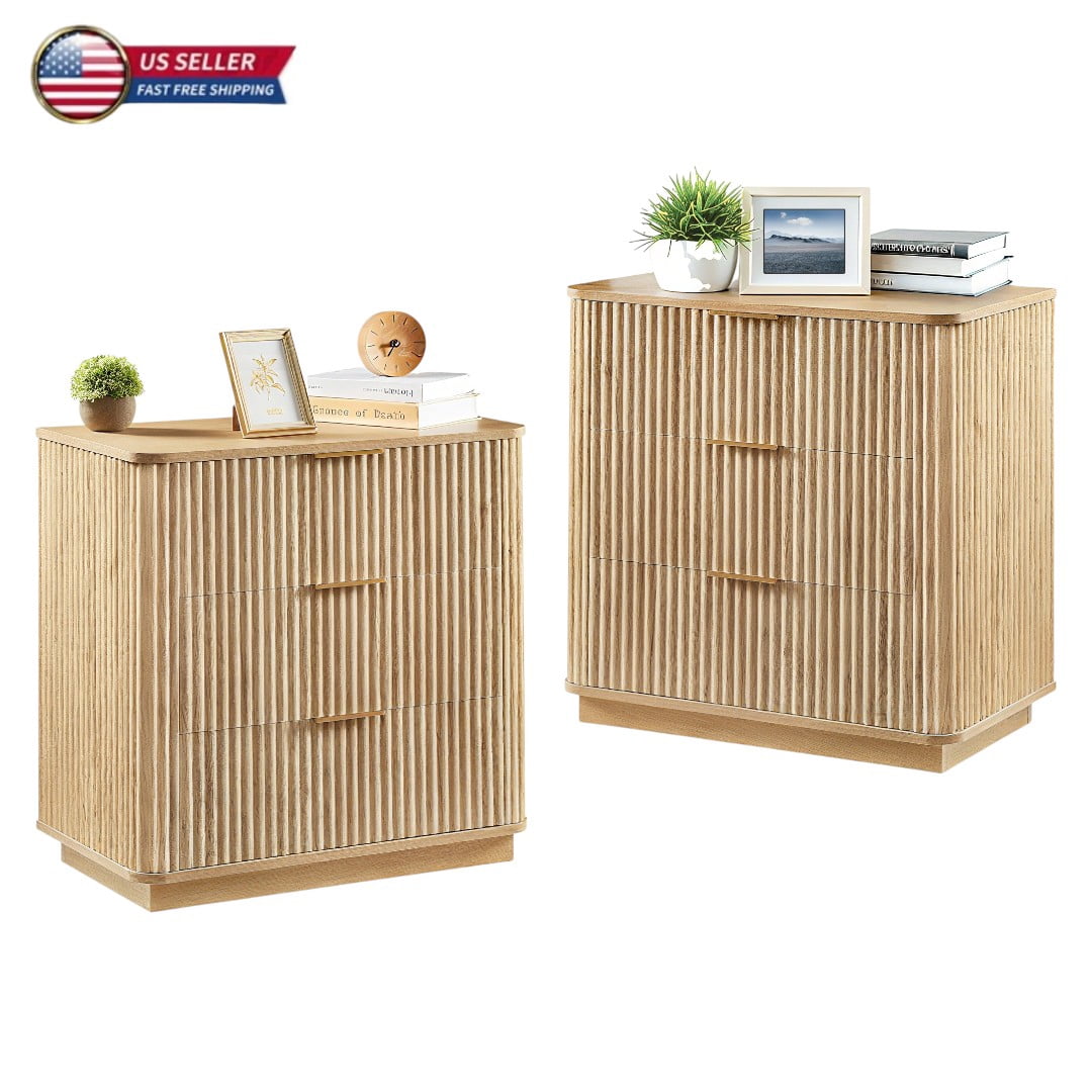 GZXS 2-Pack Nightstands in Oak Finish, Contemporary Fluted Wooden Dressers with 3 Drawers, for Bedroom, Hallway, Small Spaces - 27.6"L x 15.75"W x 27.17"H