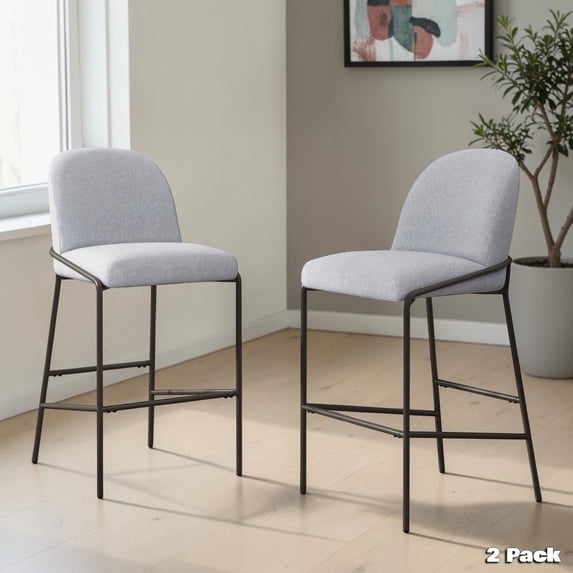 GZXS 2 Pack Upholstered Barstools in Gray, Accent Fabric Bar Chairs with Curved Back and Antique Bronze Metal Legs for Kitchen Area, Dining Space, Home Pub