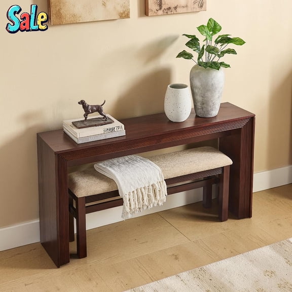 GZXS 2 Piece Fluted Counter Height Bar Table Set, 59"L Pub Table with Fabric Upholstered Bench, for Kitchen, Living/Dining Room (Cherry)