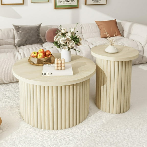 GZXS 2-Piece Living Room Tables Set - 27.05" Round Coffee Table with 15.79" Fluted End Table - Modern Accent Tables with Wood Grain Vertical Bar Legs (Natural Finish)