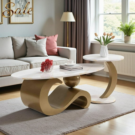 GZXS 2-Piece Nesting Table Set of 2, Modern Decorative Center Table with White Faux Marble Top and Gold Metal Base, Oval Coffee Table and Round End Table Set