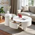 thumbnail image 1 of GZXS 2-Piece Round Nesting Table Set - Large MDF Table with Storage Drawer & Small Tempered Glass End Table, Space-Saving Design, Modern Living Room Furniture (Off White), 1 of 8