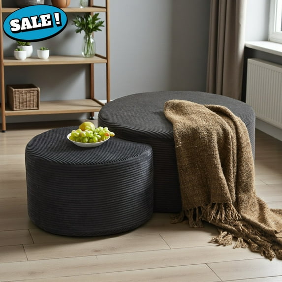 GZXS 2-Piece Upholstered Foam Nesting Ottoman Set in Black Cordury Fabric, No Assembly Required, Multi-Functional as Coffee Table, Footrest, or Bedroom Stool