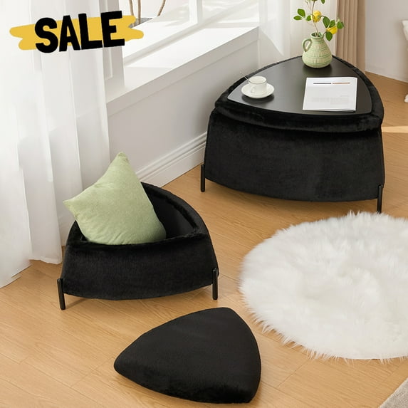 GZXS 2-Piece Upholstered Storage Ottoman Set, Ivory Faux Fur Triangle Footrest Stool with Metal Legs & Reversible Wooden Tray, Coffee Table or Shoe Changing Bench for Living Room/Bedroom