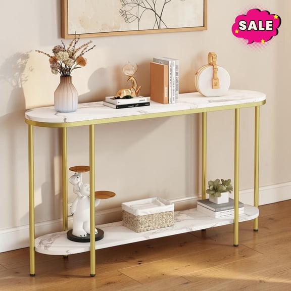 GZXS 2-Tier Console Table, 42.1" Oval Entryway Table with Open Shelf, Behind Couch Table with Faux Marble Top and Metal Frame for Living Room, Hallway, Easy Assembly, Gold