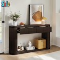 thumbnail image 1 of GZXS 2-Tier Console Table with Three Drawers, 59" Oval Accent Table with Fluted Legs and Bottom Storage Shelf, Entryway Sofa Table in Espresso, Easy Assembly, 1 of 10