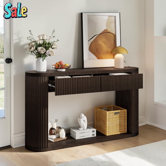 GZXS 2-Tier Console Table with Three Drawers, 59" Oval Accent Table with Fluted Legs and Bottom Storage Shelf, Entryway Sofa Table in Espresso, Easy Assembly