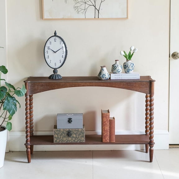 GZXS 2-Tier Console Table in Rustic Brown, Farmhouse Entryway Foyer Table with Turned Legs & Lower Shelf, 47.2"L x 13.8"W x 29.9"H