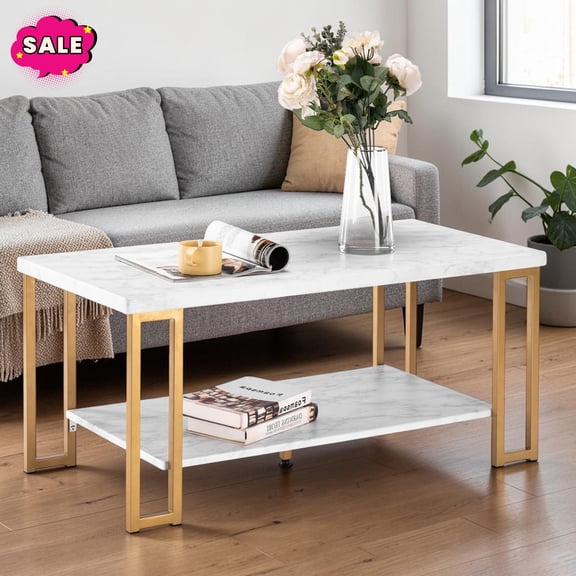 GZXS 2-Tier Modern Coffee Table with Faux Marble Top, 39.7" Cocktail Table with Storage Shelf, Center Table with Metal Legs for Living Room, White & Golden