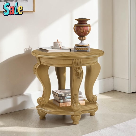 GZXS 2-Tier Round End Table with Shelf, 22" Dia Classic Accent Side Table with Curved Legs, Antique Natural Finish, for Living Room or Small Space