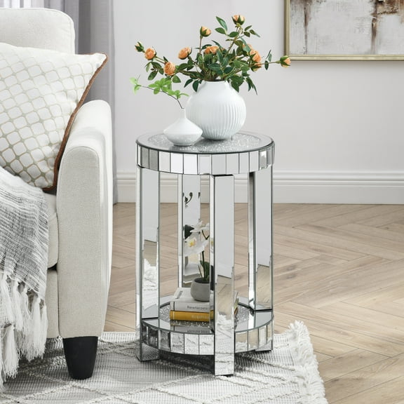 GZXS 2-Tier Round Mirrored End Table with Crystal Inlay, Silver Glass Side Table with Storage Shelf for Living Room or Bedroom, Easy Assembly, 13.8"Dia x 21.6"H