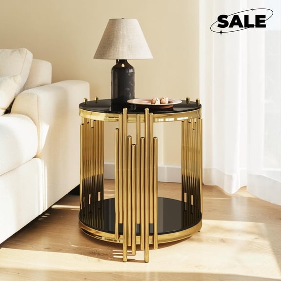 GZXS 2 Tier Round Side Table with Tempered Glass Top, 19.7" Small Metal End Table for Bedroom, Living Room, Easy Assembly, Black & Gold