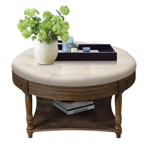 GZXS 2-Tier Round Storage Ottoman with Padded Tufted Top & Waterproof Table Surface, Upholstered Center Coffee Table with Hidden Storage, Solid Wood Legs, 31.5"Dia x 18.5"H (Beige+White)